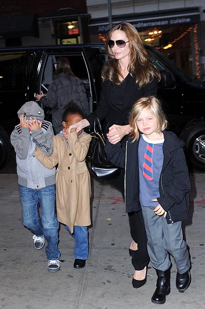Angelina Jolie takes Shiloh, Zahara and Pax to the movies on the East Side of Manhattan. Pictured: Angelina Jolie, Shiloh Jolie-Pitt, Zahara Jolie-Pitt and Pax Jolie-Pitt Ref: SPL340165  031211   Picture by: A. Ariani / Splash News Splash News and Pictures Los Angeles:	310-821-2666 New York:	212-619-2666 London:	870-934-2666 photodesk@splashnews.com   ALL OVER PRESS