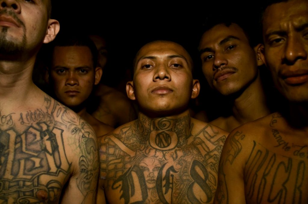 Incarcerated members of the Mara 18 gang inside the Izalco prison in Sonsonate, El Salvador.