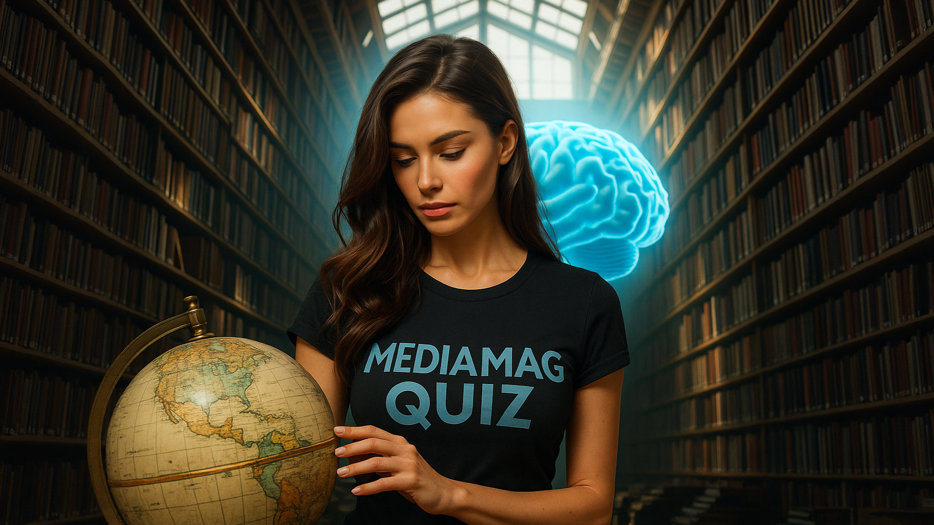 Երիտասարդ կինը կանգնած է գլոբուսի մոտ և ինչ-որ բան է նայում դրա վրա