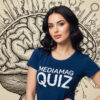 Intelligent woman in a "MEDIAMAG QUIZ" shirt standing in front of a brain drawing with science, education, and creativity-related icons symbolizing knowledge and intellectual power.