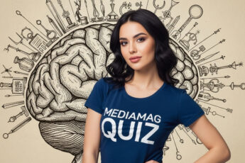Intelligent woman in a "MEDIAMAG QUIZ" shirt standing in front of a brain drawing with science, education, and creativity-related icons symbolizing knowledge and intellectual power.
