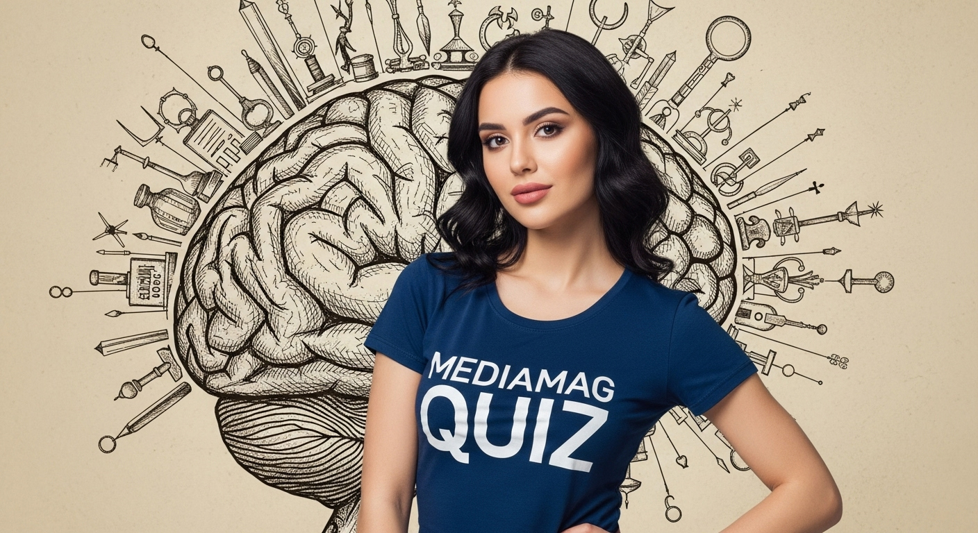 Intelligent woman in a "MEDIAMAG QUIZ" shirt standing in front of a brain drawing with science, education, and creativity-related icons symbolizing knowledge and intellectual power.