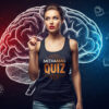 A woman wearing a "Mediamag Quiz" shirt, standing in front of a stylized brain graphic divided into red and blue hemispheres, surrounded by infographic icons representing communication, learning, and technology.