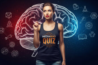 A woman wearing a "Mediamag Quiz" shirt, standing in front of a stylized brain graphic divided into red and blue hemispheres, surrounded by infographic icons representing communication, learning, and technology.