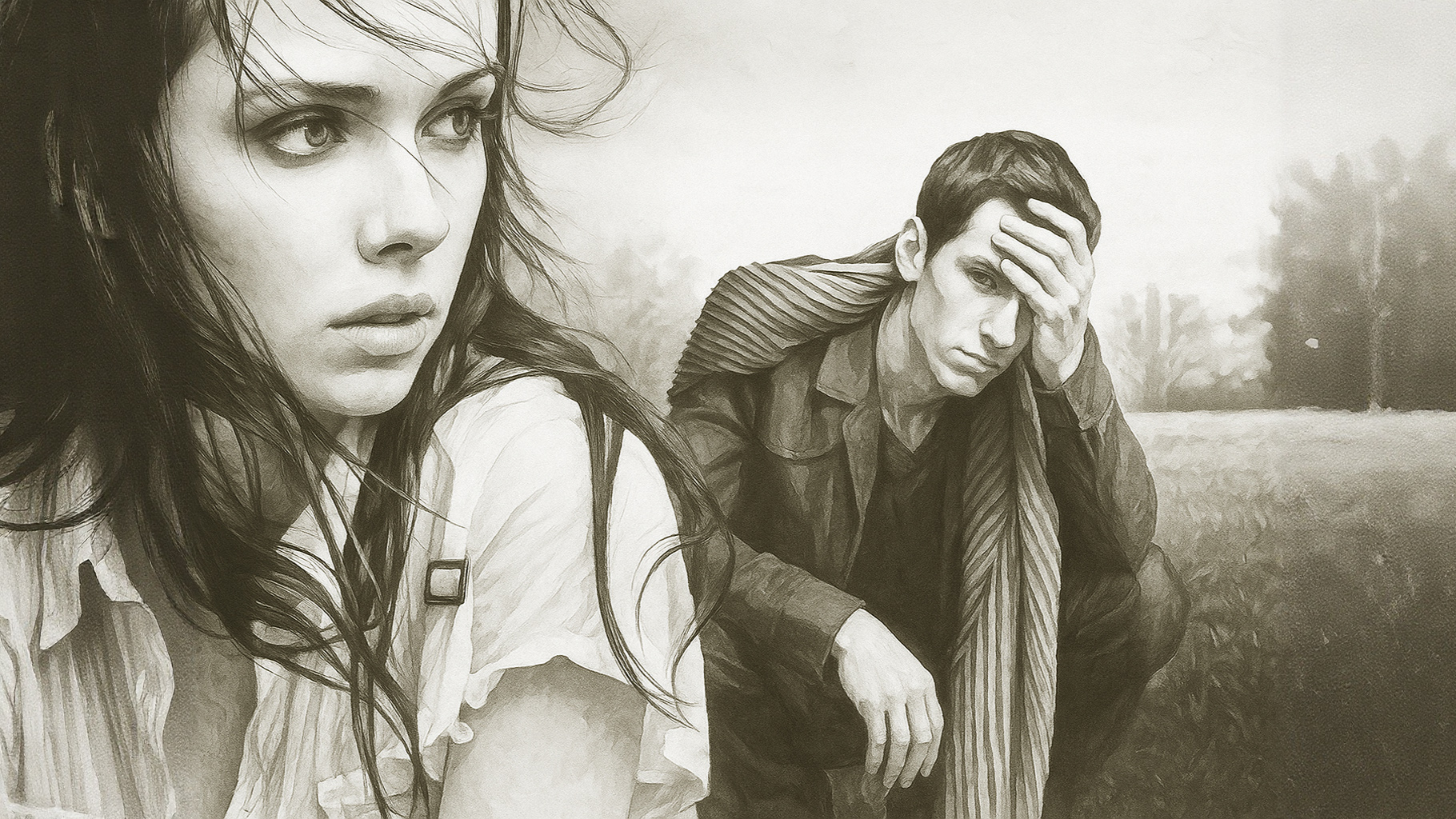 Black and white artistic image of a young woman and man with melancholic expressions; the woman looks away thoughtfully while the man sits in a field, leaning forward with his hand on his forehead, appearing distressed.