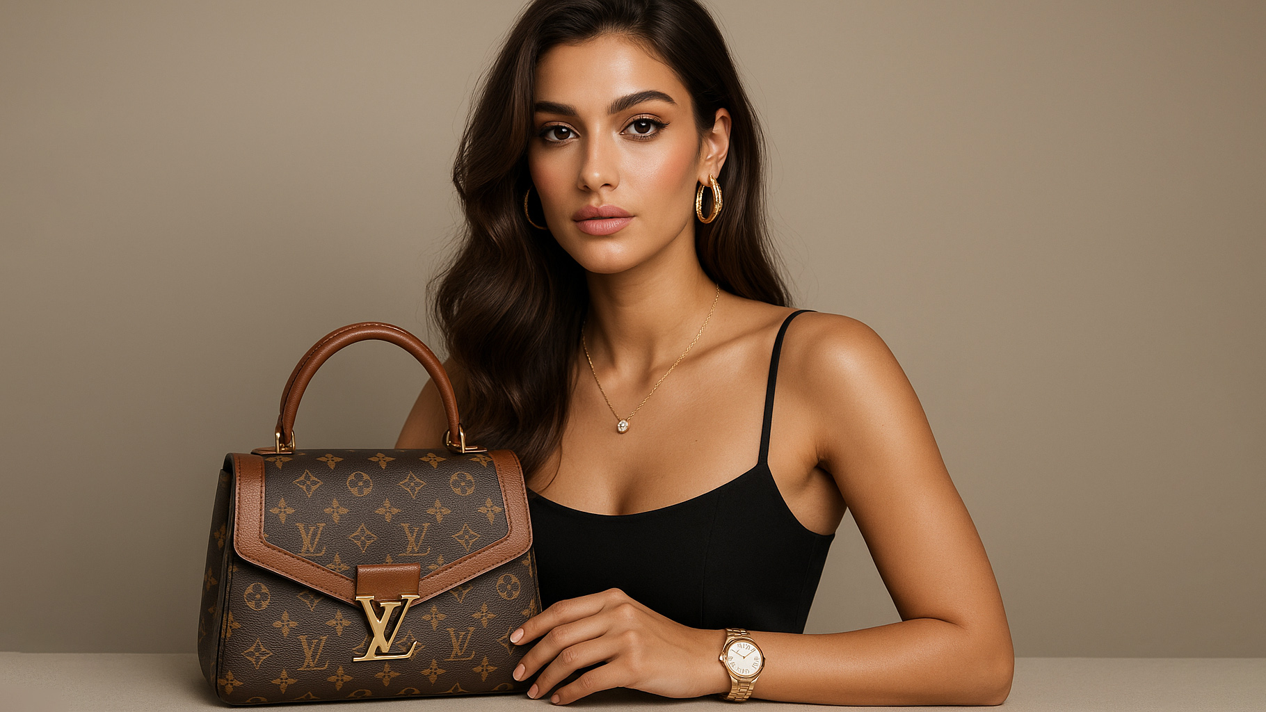 Կին, որը ցուցադրում է կարգավիճակի խորհրդանիշներ՝ շքեղ պայուսակ և թանկարժեք իրեր