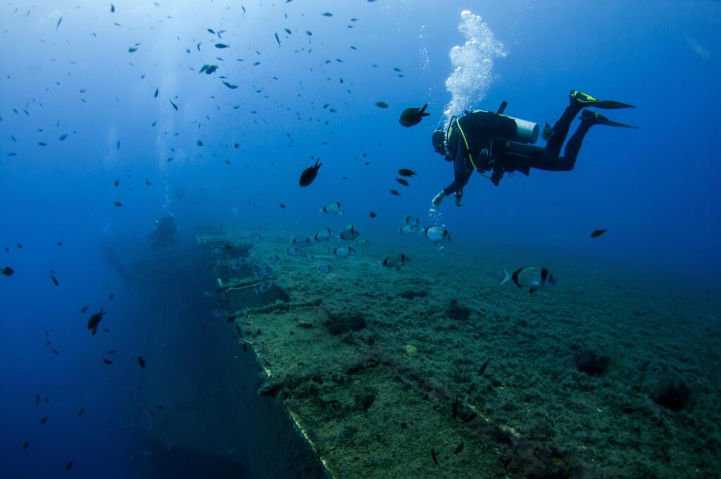 Diver at the MS Zenobia shipwreck. MS Zenobia was a Swedish built Challenger-class RO-RO ferry launched in 1979 that capsized and sank close to Larnaca, Cyprus, in June 1980 on her maiden voyage. She now rests on her port side in approximately 42 meters (138 ft) of water and was named as one of The Times top ten wreck diving sites in the world in 2003.